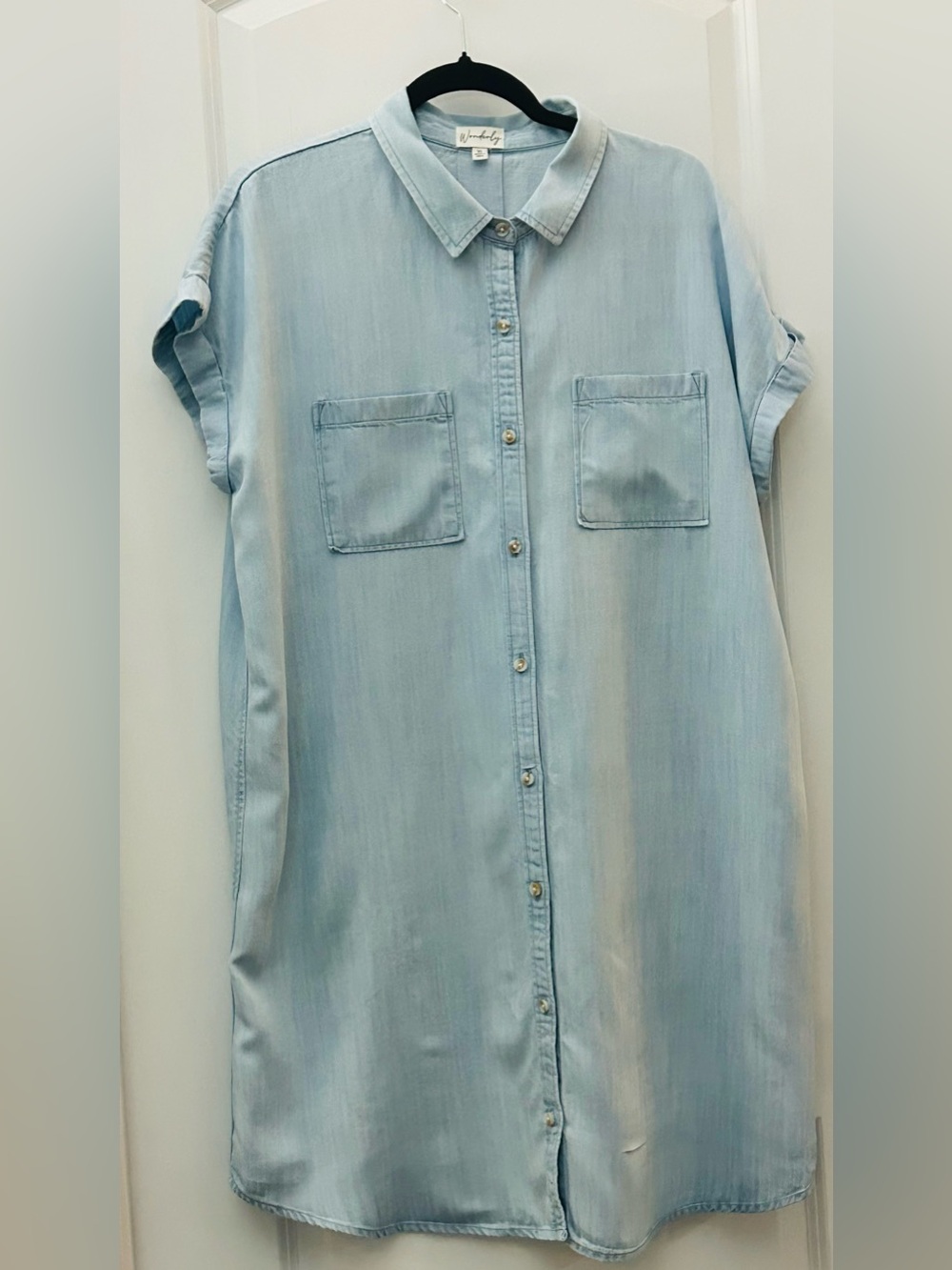 Wonderly Light Blue Denim Shirt Dress -size XL•Cap Sleeve•Above Knee Length
